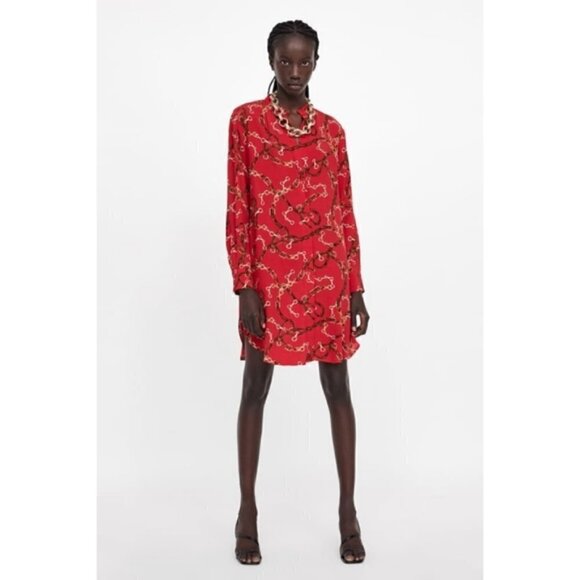 Zara Basic Red Chain Print Long Sleeve Tunic Dress S - Picture 3 of 11